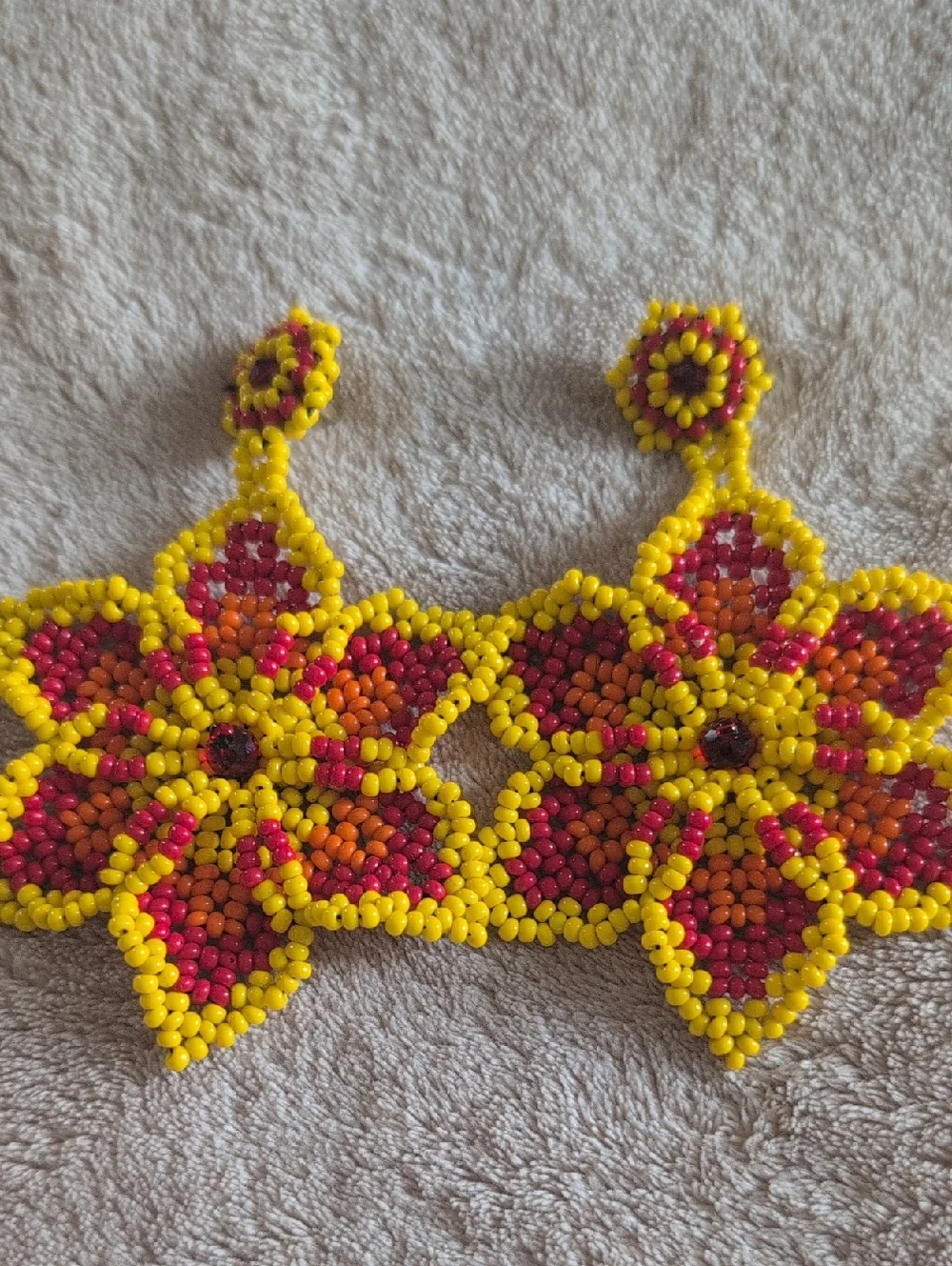 Handmade Yellow, Red & Orange Beaded Floral Statement Earrings